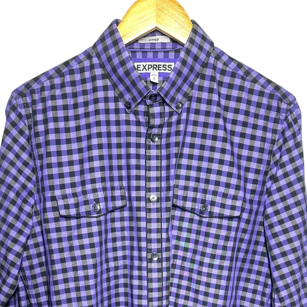 Express Mens Fitted Gingham Check Button Down Long‎ Sleeve Shirt Size M